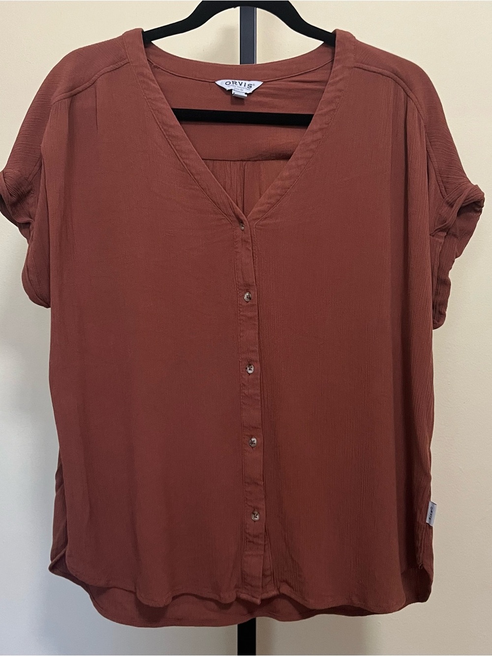 Orvis Women's Rust Orange Button-Front V-Neck Short Sleeve Blouse Top